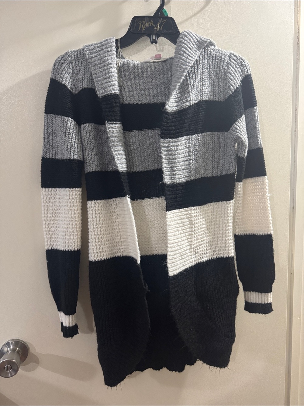 No Boundaries Black, Gray & White Striped Hooded Cardigan